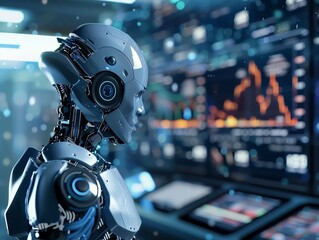 Futuristic robot analyzing business data on multiple screens, representing artificial intelligence and technology in financial markets.