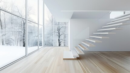 Obraz premium Modern Minimalist Interior with White Stairs and Winter View