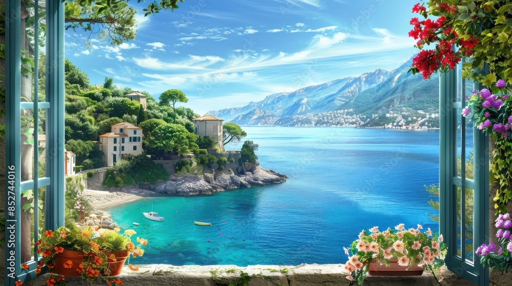 Poster a beautiful view of a lake with a house in the background. the water is calm and clear, and there ar