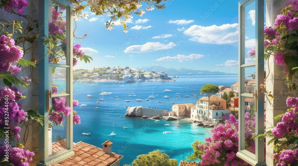 Aufkleber a beautiful view of a harbor with boats and a town in the background. the water is calm and the sky 