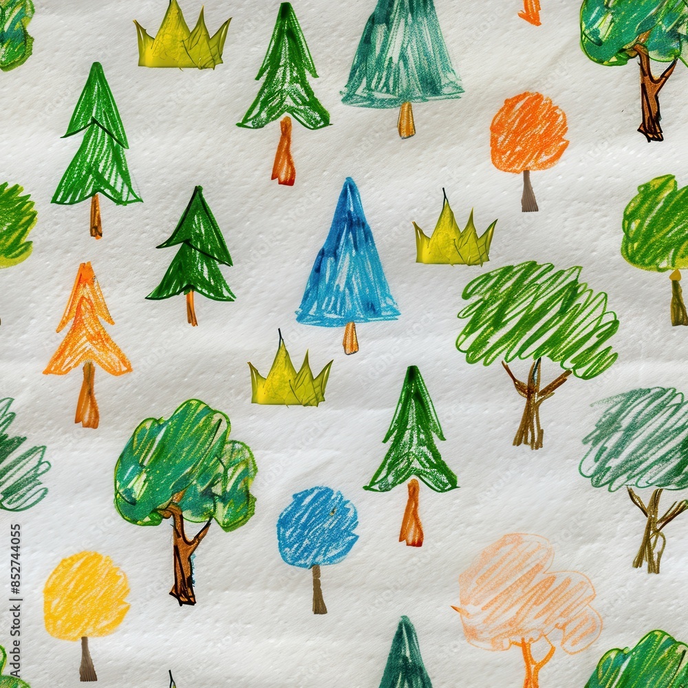 Aufkleber this image showcases a vibrant and whimsical pattern of hand-drawn trees on a white background. the 