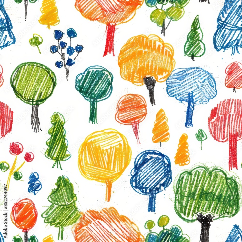 Poster A seamless pattern featuring a colorful crayon drawing of various trees. The trees are drawn in different styles and colors, creating a whimsical and playful design. The white background allows the vi