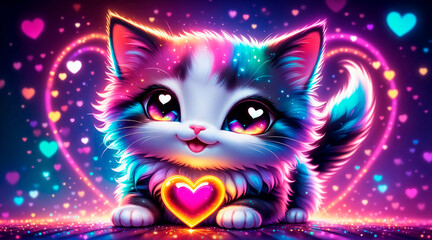 A cute cartoon cat with big eyes is holding a red heart-shaped balloon on a sparkly background 