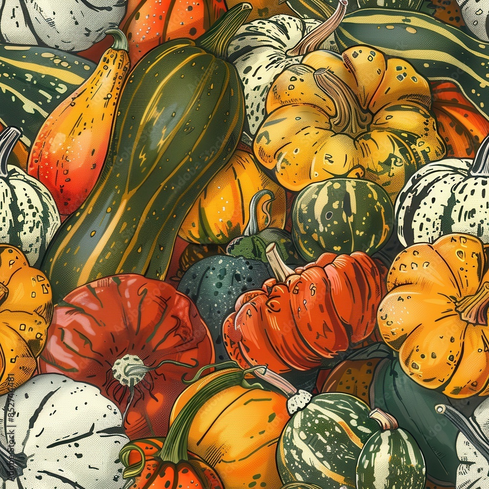 Poster a colorful and detailed drawing of various types of squash and pumpkins. concept of abundance and th