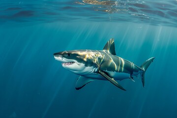 Fototapeta premium An awe-inspiring underwater view of a Great White Shark gliding gracefully through the crystal-clear blue waters. The shark's powerful muscles and sharp teeth are vividly visible.