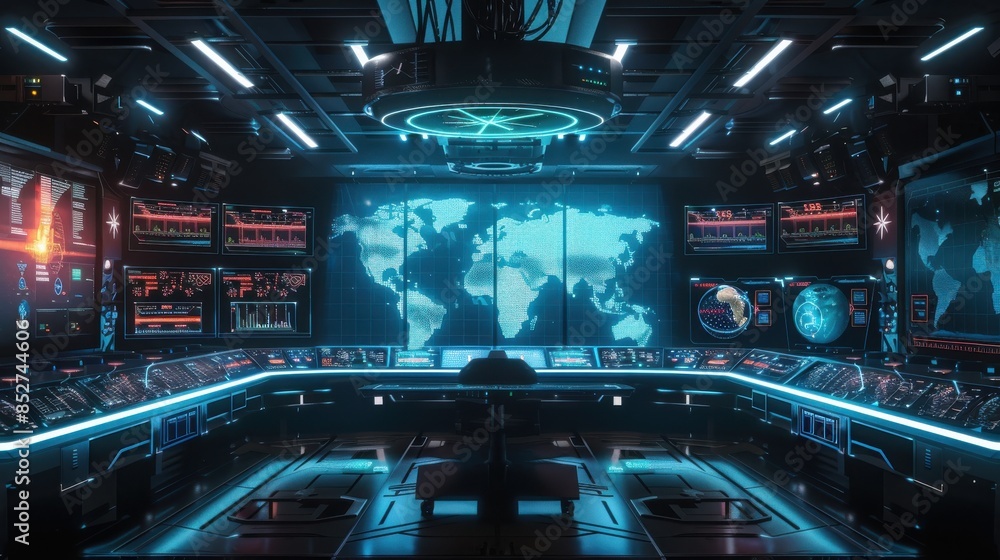 Poster a futuristic room with a large monitor showing a map of the world. the room is filled with computer 
