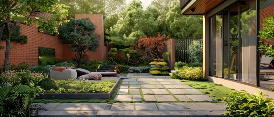 Serene garden path winding through lush greenery, adorned with stones and shaded by trees