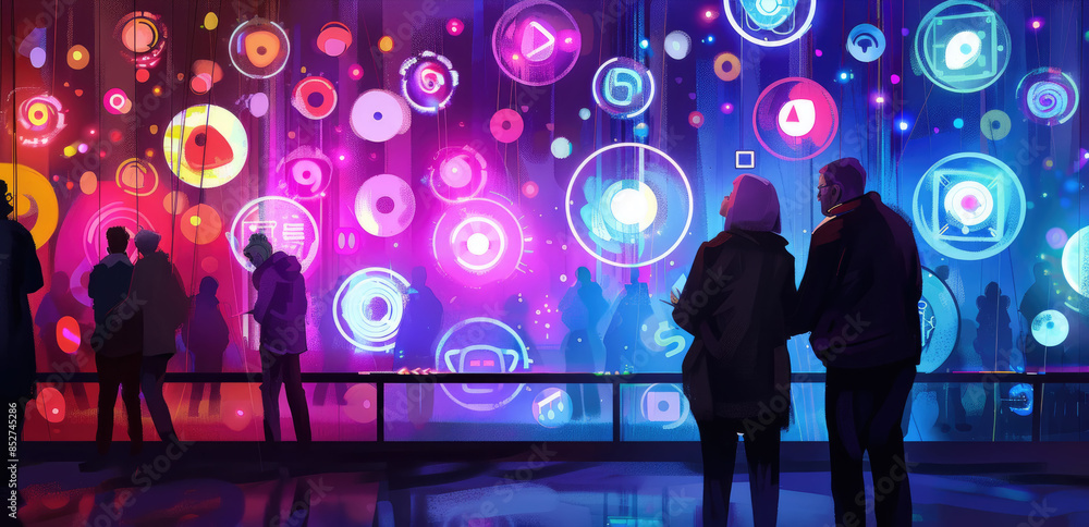 Poster people stand in front of a wall with illuminated circular lights, enjoying the vibrant display in a 