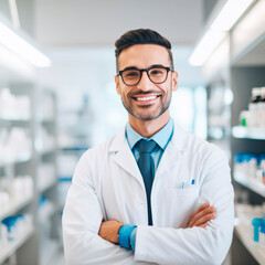 Stock minimalist photography of a smiling pharmacist holding a medication bottle, with shelves of products blurred in the background, daylight illumination