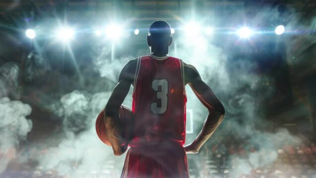 A basketball player stands confidently on the court, with dramatic lighting and smoke effects creating a powerful aura.