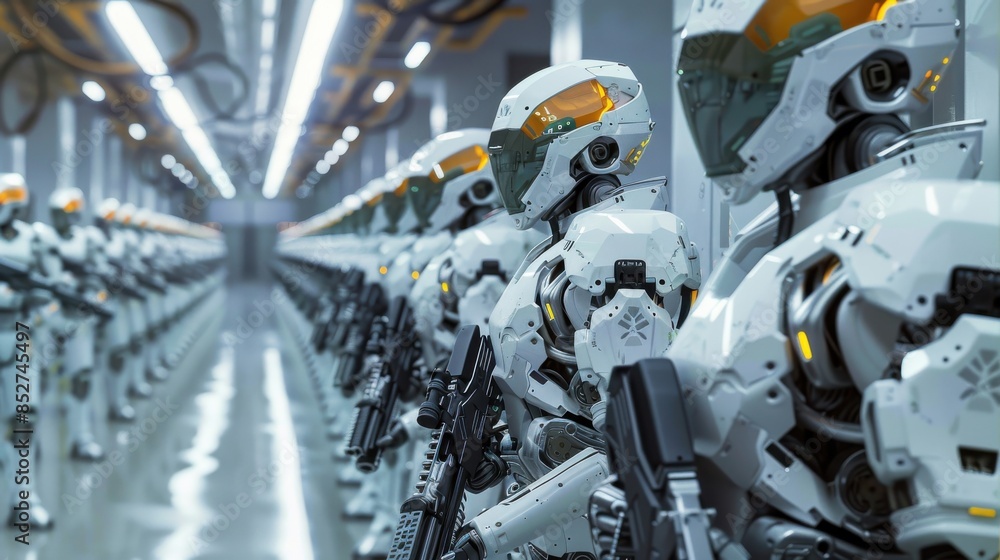 Poster A group of robots are lined up in a factory. They are all white and have guns. Scene is serious and militaristic