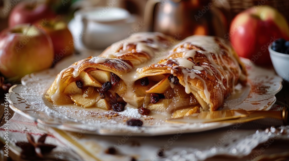 Poster A plate of apple strudel with a fork on it. The plate is on a table with apples and a cup