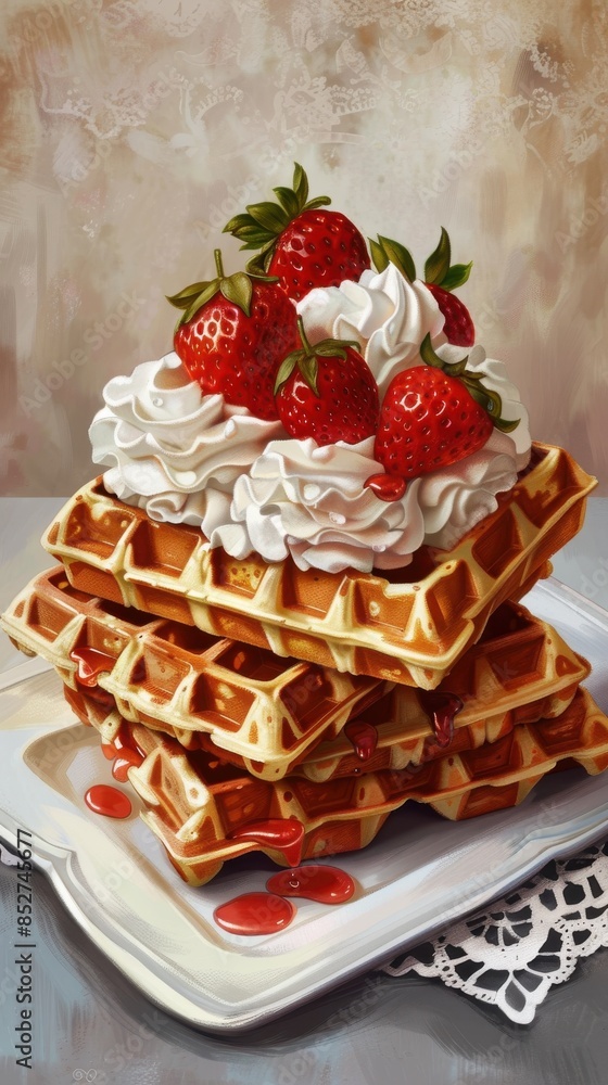 Poster a stack of waffles with whipped cream and strawberries on top