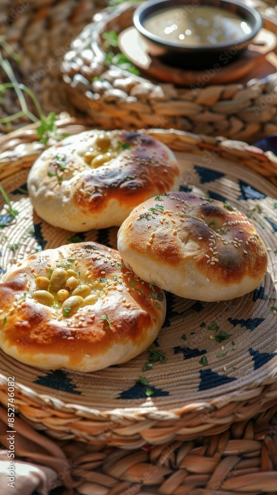 Aufkleber Three small round breads with herbs on top are on a plate. The plate is on a table with a bowl of sauce in the background