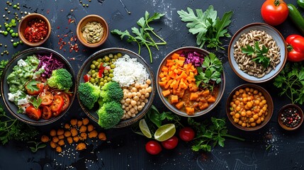 A variety of colorful bowls of food are arranged on a table