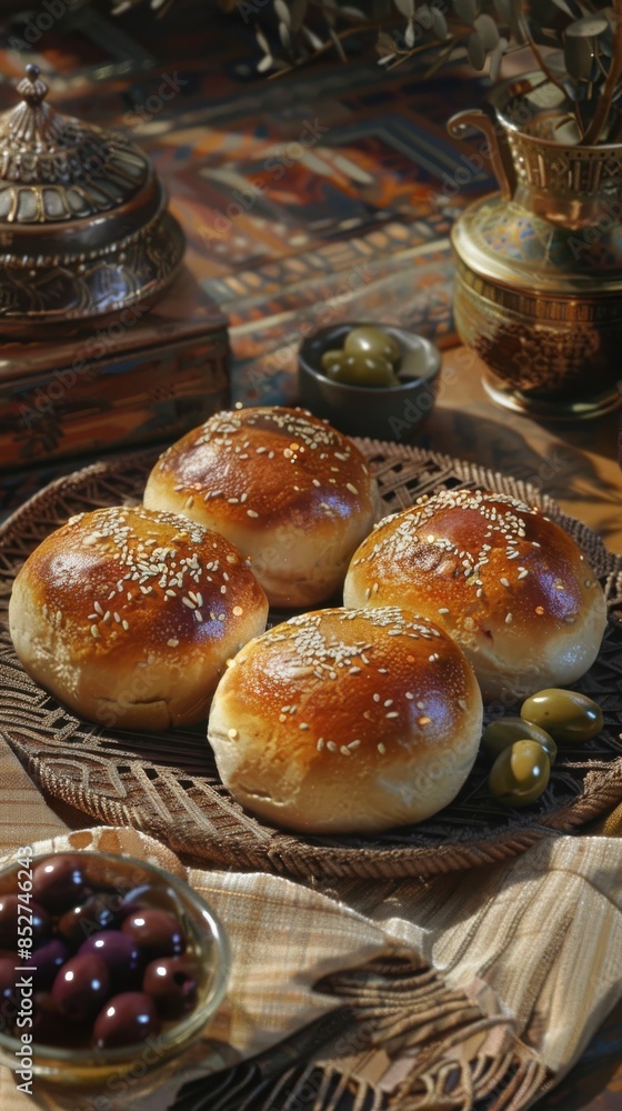 Aufkleber a plate of four bread rolls with sesame seeds and olives on top. the bread rolls are placed on a woo