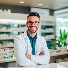 Fototapeta premium Stock minimalist photography of a smiling pharmacist standing at the pharmacy counter, surrounded by shelves of medications, bright lighting
