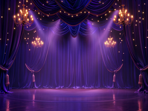 Luxurious theatre stage show purple velvet drapes opulent chandelier elegant lights backdrop warm draping theatrical royal theatre performance curtain background Old Hollywood regal Victorian royal ad