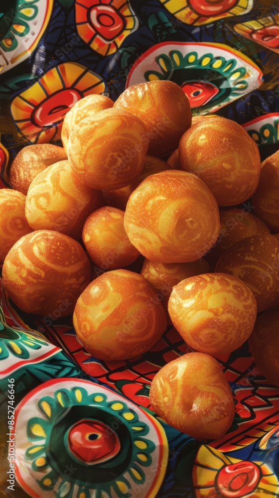 Poster A bowl of fried doughnuts with a colorful pattern on the tablecloth. The doughnuts are golden brown and arranged in a pile