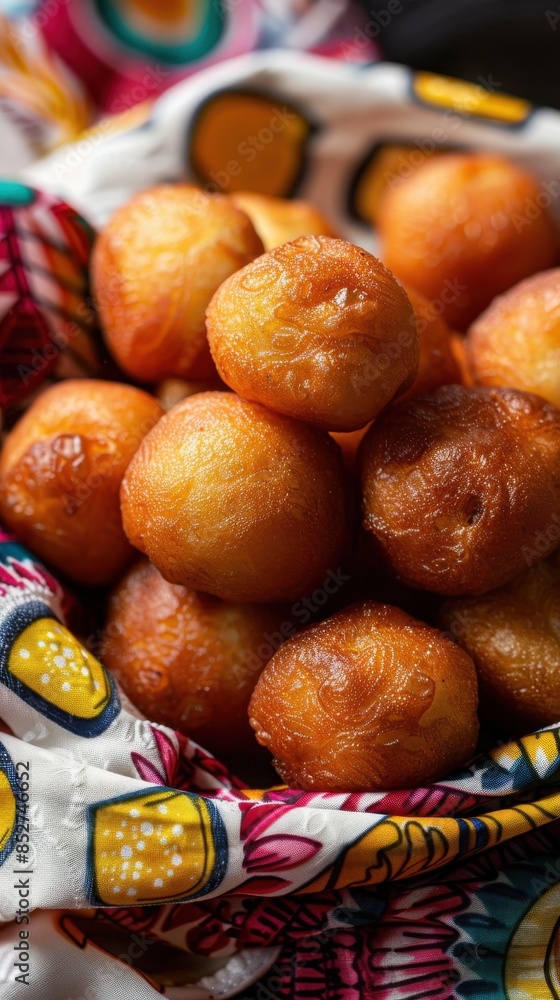 Poster a basket of fried doughnuts sits on a table. the doughnuts are golden brown and appear to be freshly
