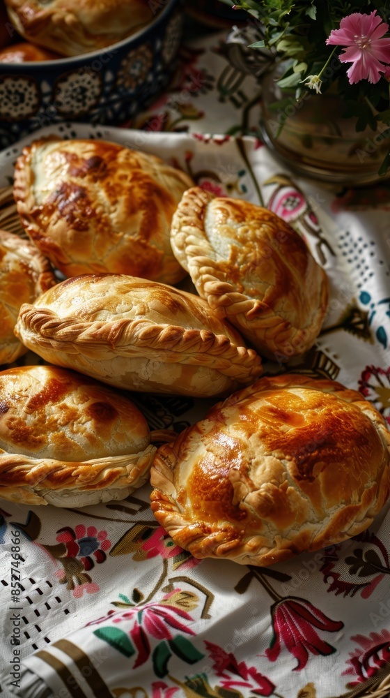 Aufkleber a plate of pastries with a floral patterned cloth underneath. the pastries are arranged in a neat st