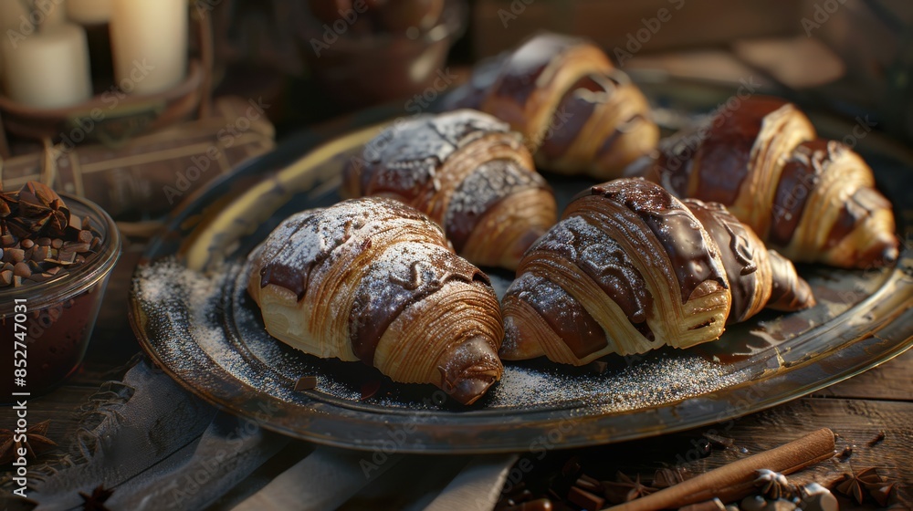 Poster A tray of croissants with powdered sugar and chocolate on top. The croissants are arranged in a row and there are several bowls and spoons on the table