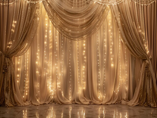 Beige gold stage theater fairy lights curtain elegant glamorous sparkling bokeh luxurious empty show draping sheer fabric backdrop background party photo booth twinkling royal stylish musical modern