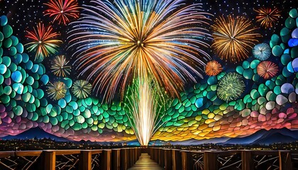 A vibrant display of fireworks illuminates the night sky over a scenic view, depicted in stained glass style with vivid colors and intricate patterns.
