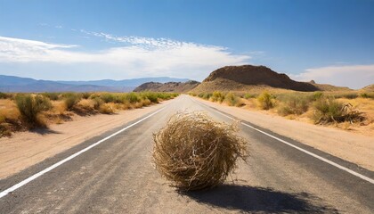 A tumbleweed rolls over an empty desert road under a clear blue sky, capturing the desolate and expansive nature of the desert environment.