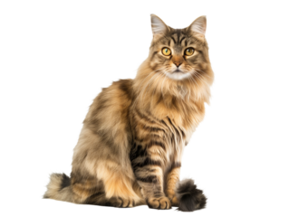 Full body shot of Siberian cat, sitting, looking around curiously.