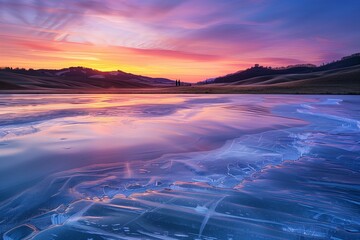 A breathtaking sunrise over a frozen lake, the surface of the ice glowing with the warm colors of dawn, with rolling hills silhouetted against the colorful sky in the distance. - Powered by Adobe