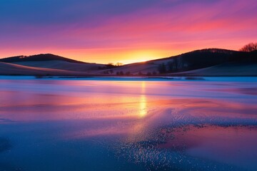 Fototapeta premium A breathtaking sunrise over a frozen lake, the surface of the ice glowing with the warm colors of dawn, with rolling hills silhouetted against the colorful sky in the distance.