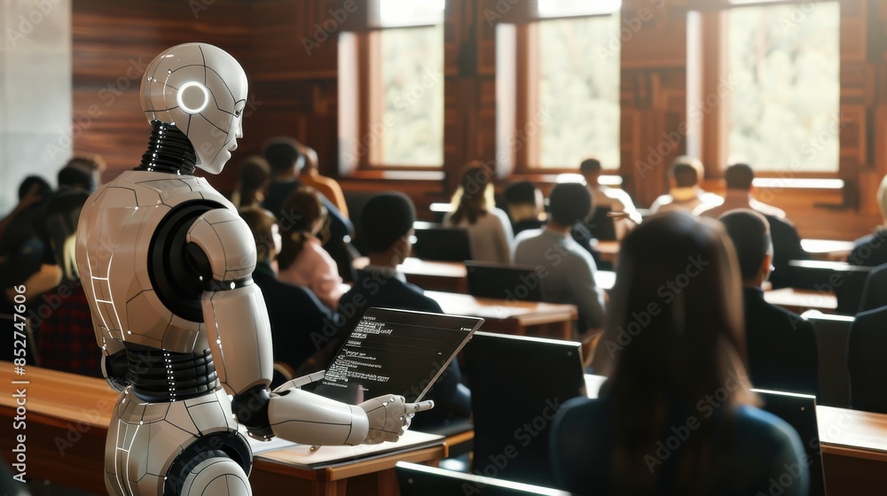 Aufkleber A robot is standing in front of a classroom full of people. The robot is holding a laptop and he is giving a presentation. The people in the classroom are looking at the robot