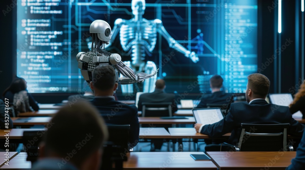 Poster A robot is standing in front of a computer monitor with a skeleton on it. A group of people are sitting at desks in front of the monitor