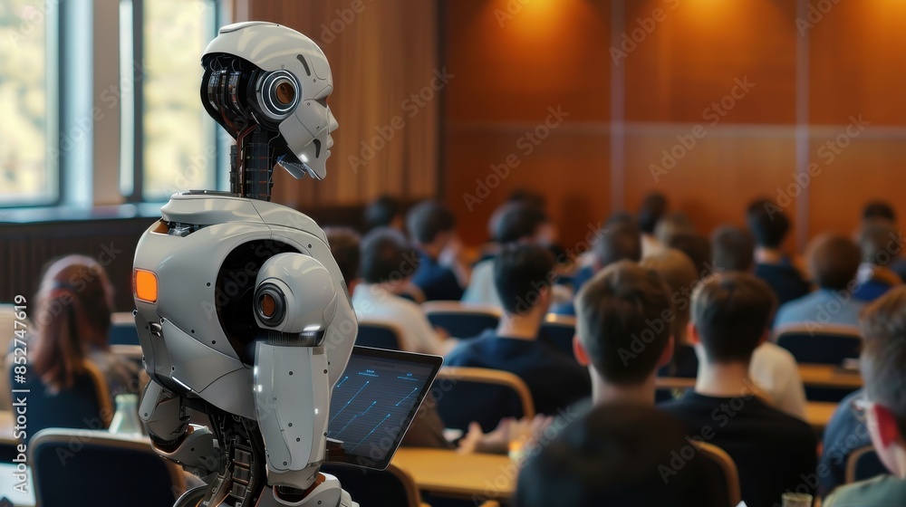 Aufkleber a robot is standing in front of a classroom full of people. the robot is holding a laptop and he is 