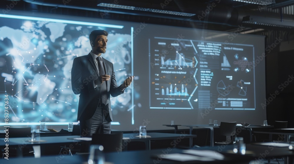 Leinwandbilder a man stands in front of a large screen with a presentation on it. he is dressed in a suit and tie, 