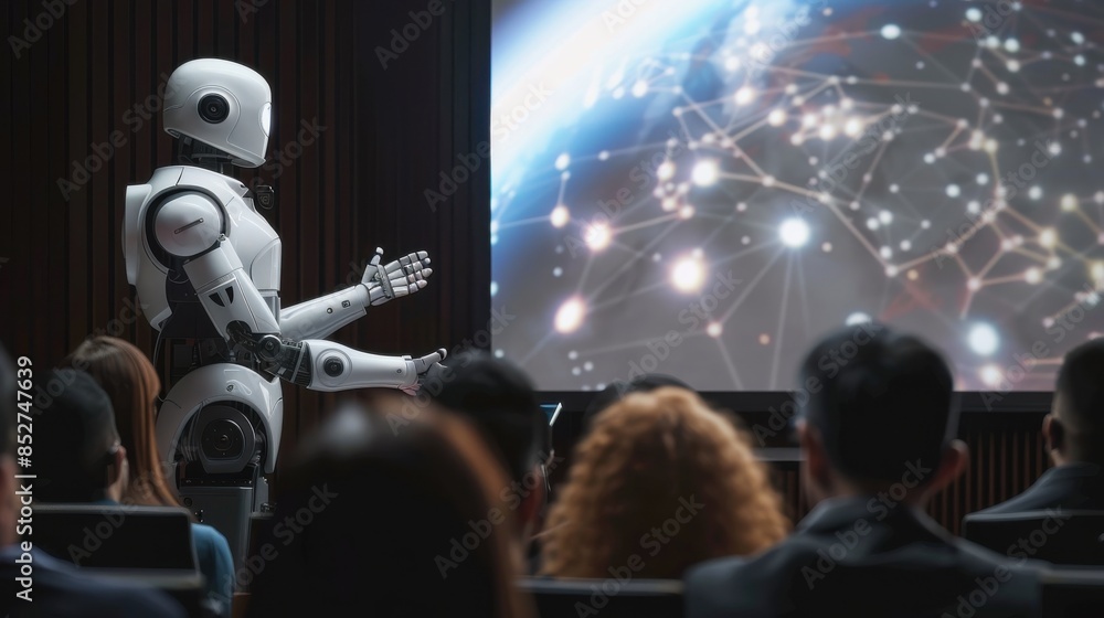 Poster a robot is giving a presentation to a group of people. the robot is white and has a human-like appea