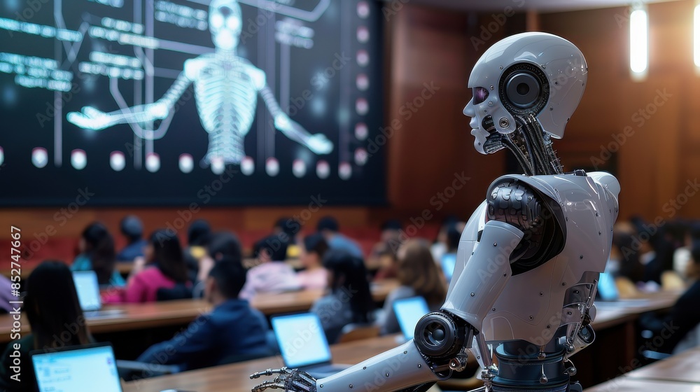 Fototapete A robot is standing in front of a large screen with a skeleton on it. The robot is surrounded by a group of people, some of whom are looking at the robot. Scene is one of curiosity and fascination