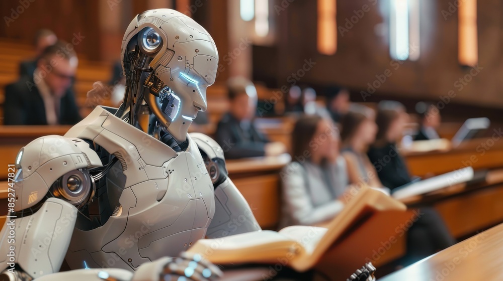 Aufkleber a robot is sitting in a classroom reading a book. the robot is surrounded by people, some of whom ar