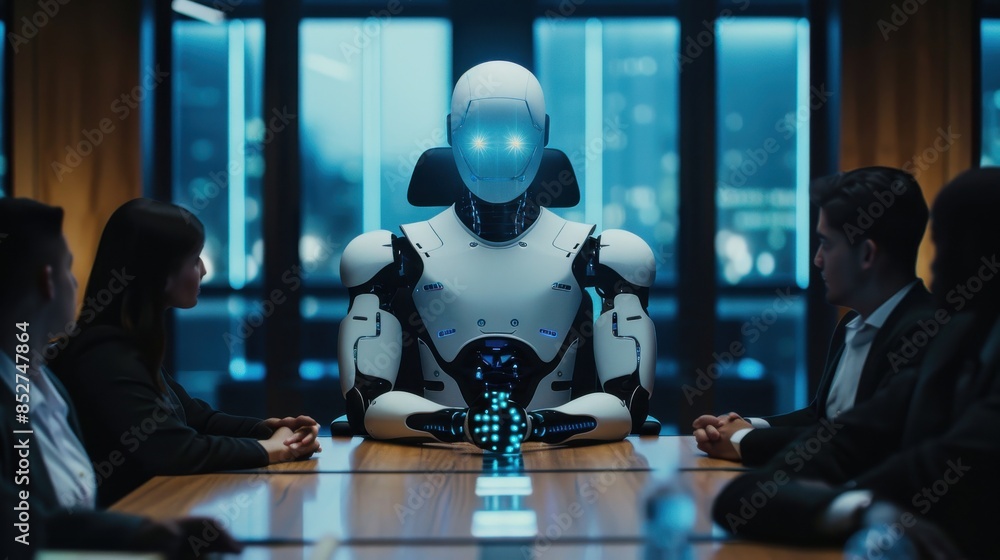 Poster A robot is sitting at a table with a group of people. The robot is wearing a suit and he is a CEO. The people around the table are dressed in business attire and seem to be engaged in a meeting