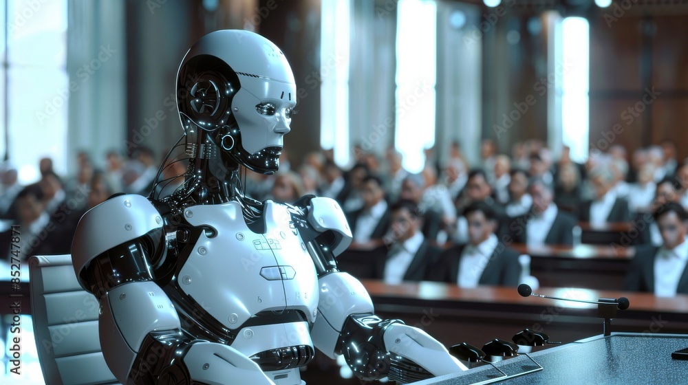 Fototapete A robot is sitting at a desk in front of a crowd of people. The robot is wearing a suit and he is a judge. The people in the crowd are dressed in suits and ties