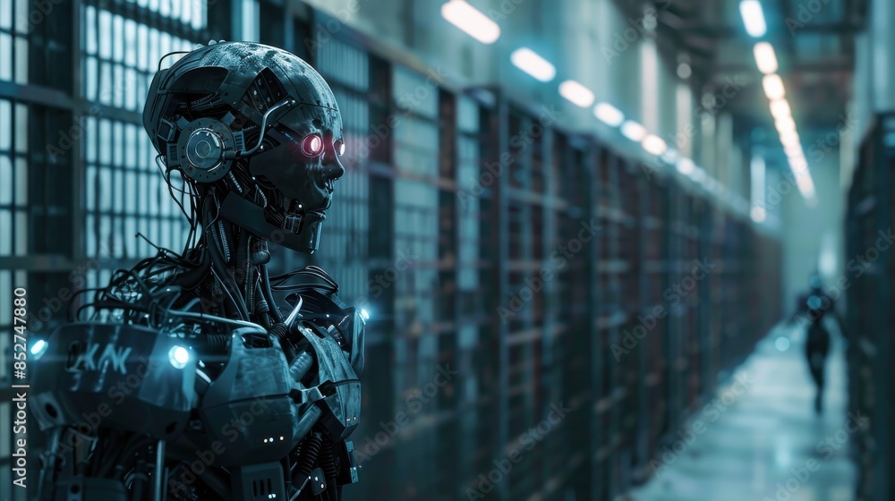 Poster a robot with glowing eyes stands in a dark room. the robot is surrounded by metal bars, giving the i