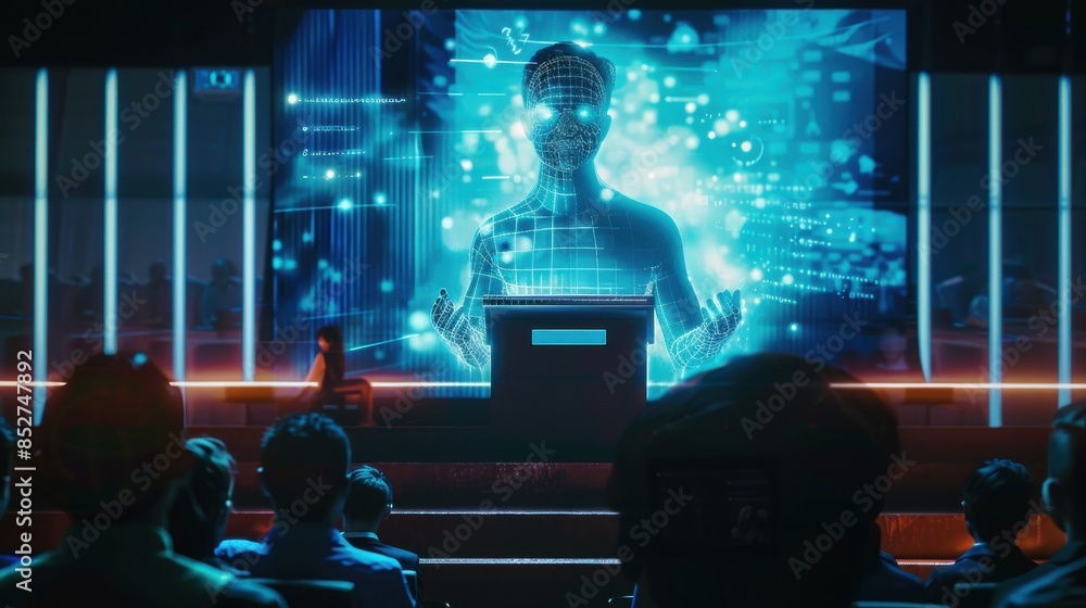 Poster a man is standing in front of a podium with a large screen behind him. the screen is displaying a ma