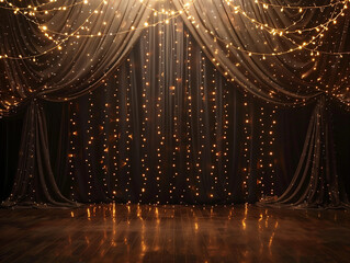 Beige gold stage theater fairy lights curtain elegant lace lux twinkling bokeh luxurious empty show draping sheer fabric backdrop background party photo booth twinkling royal stylish musical classical