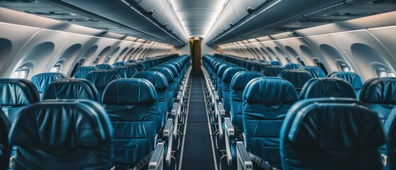 airplane Interior passenger seats inside an aircraft cabin, designed for comfortable air travel.