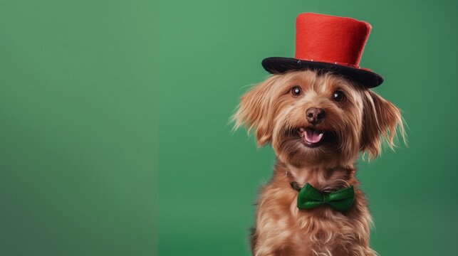 Festive birthday background featuring a dog in a circus hat, set on a colorful wallpaper perfect for celebrations.