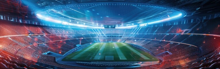 A stadium filled with people and a soccer field