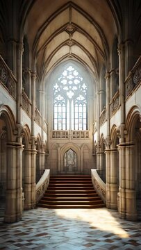 A large, empty cathedral with a large window in the middle. The light shining through the window creates a warm, inviting atmosphere