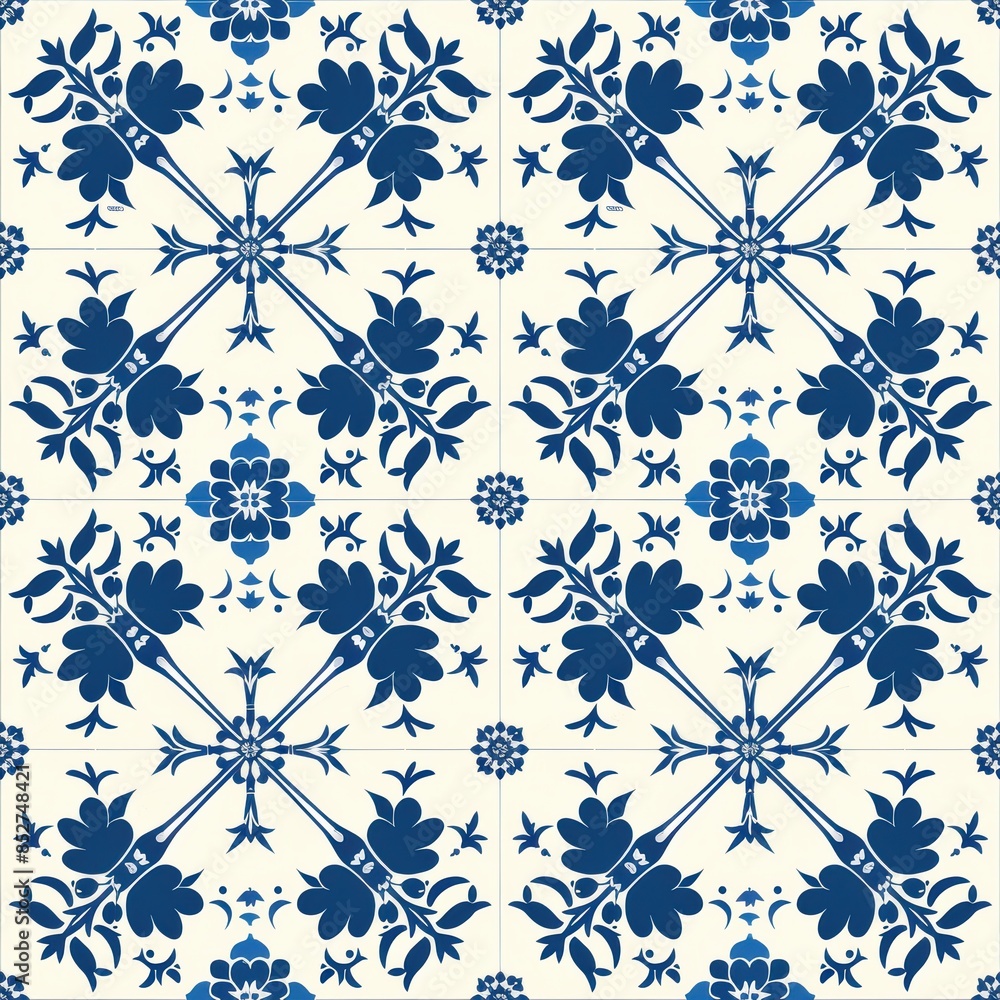 Poster A close-up image of a repeating pattern of blue and white ceramic tiles. The tiles feature a floral design with intricate details, creating a symmetrical and elegant pattern. The image captures the be