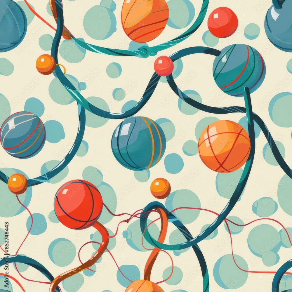 Poster A colorful pattern of balls and strings. The balls are of different colors and sizes, and the strings are of various lengths. Scene is playful and whimsical, with the balls